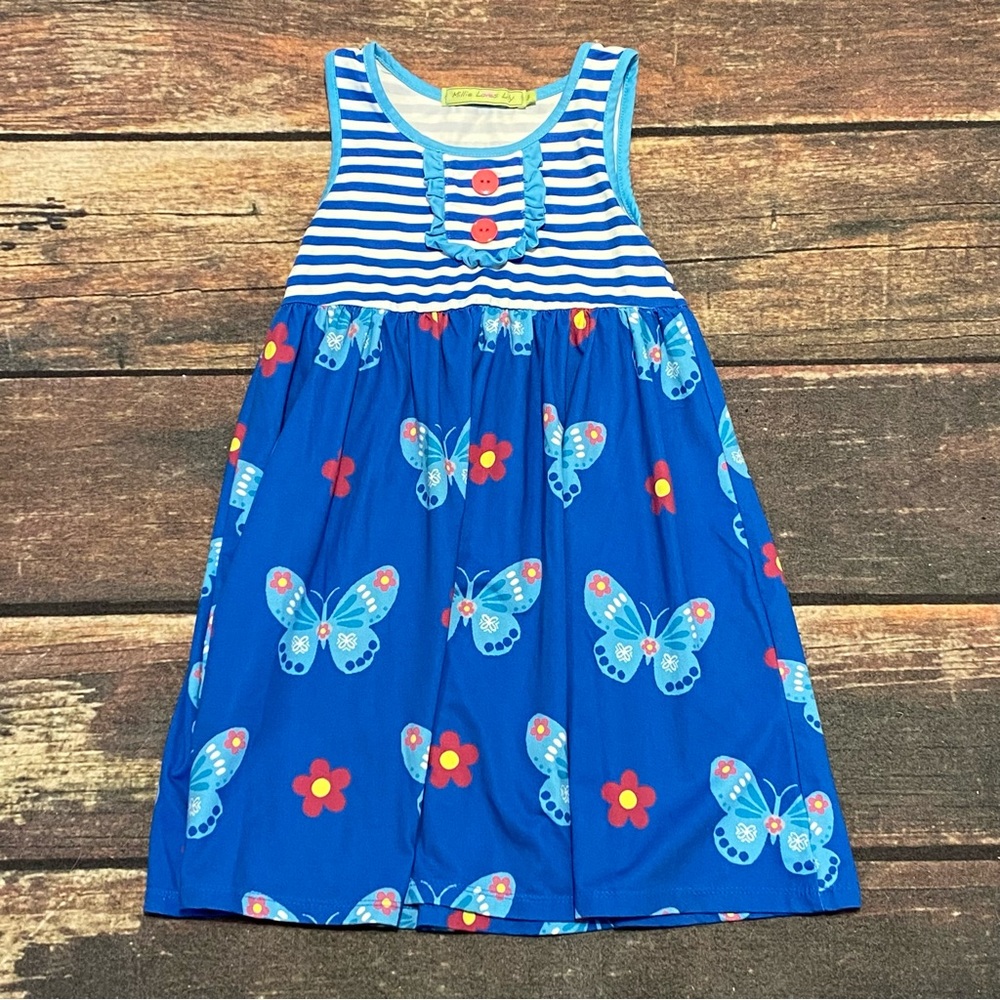 Millie Loves Lily Girls' Blue Butterfly Dress with Striped Bodice Size 5